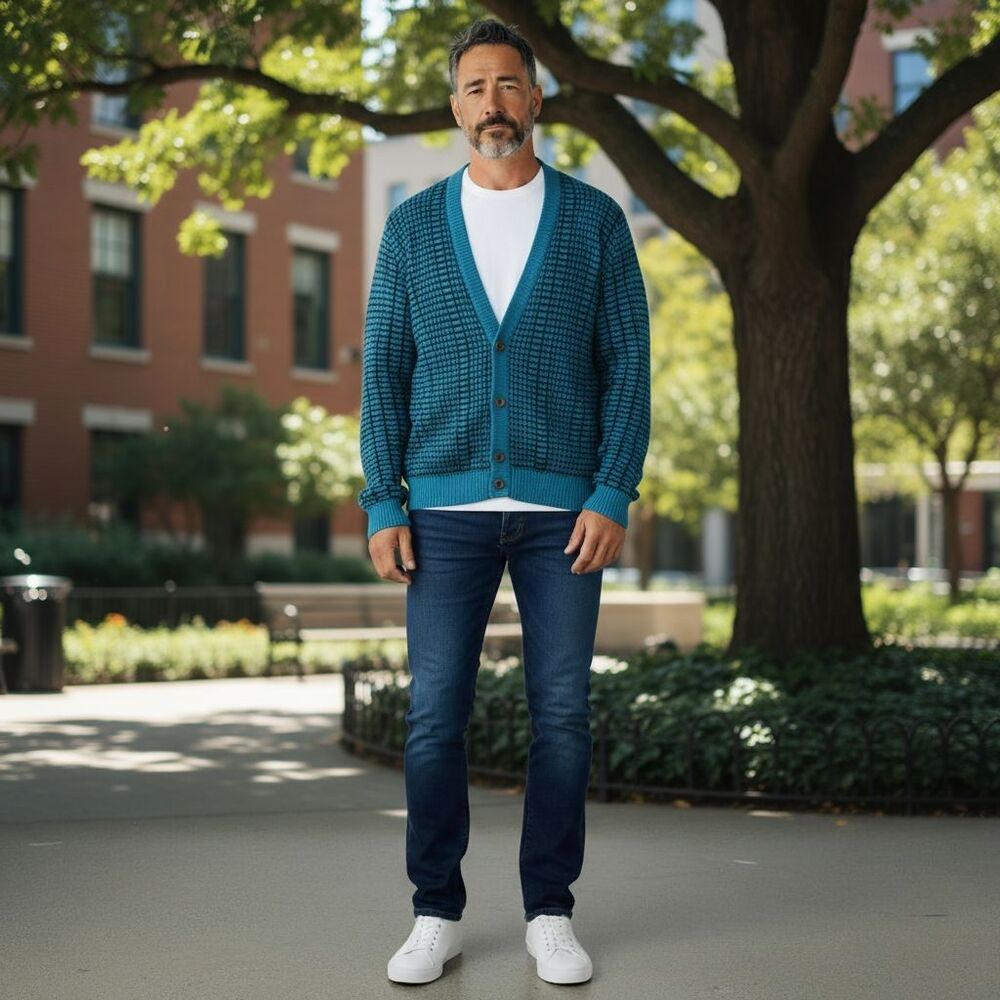 Vintage Saturdays Men Grandpacore Cardigan Mens Medium Blue 90s Hippie Old Money